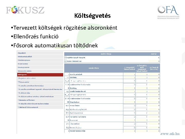 Költségvetés • Tervezett költségek rögzítése alsoronként • Ellenőrzés funkció • Fősorok automatikusan töltődnek 