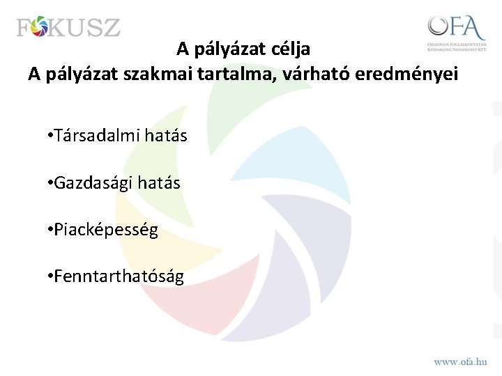 A pályázat célja A pályázat szakmai tartalma, várható eredményei • Társadalmi hatás • Gazdasági