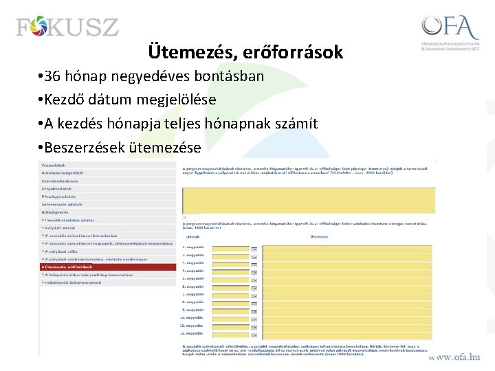 Ütemezés, erőforrások • 36 hónap negyedéves bontásban • Kezdő dátum megjelölése • A kezdés