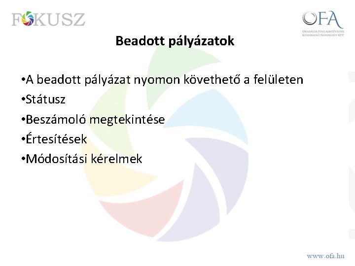 Beadott pályázatok • A beadott pályázat nyomon követhető a felületen • Státusz • Beszámoló