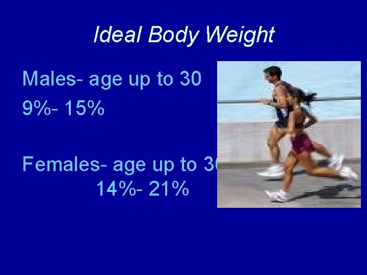 Ideal Body Weight Males- age up to 30 9%- 15% Females- age up to