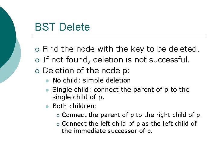 BST Delete ¡ ¡ ¡ Find the node with the key to be deleted.