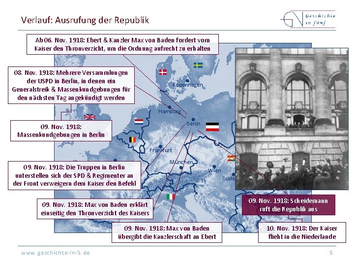 Verlauf: Ausrufung der Republik Ab 06. Nov. 1918: Ebert & Kanzler Max von Baden