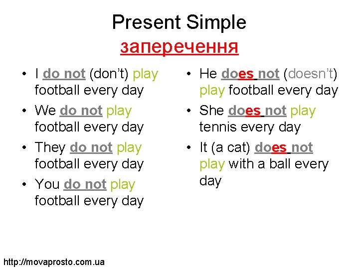 Present Simple заперечення • I do not (don’t) play football every day • We