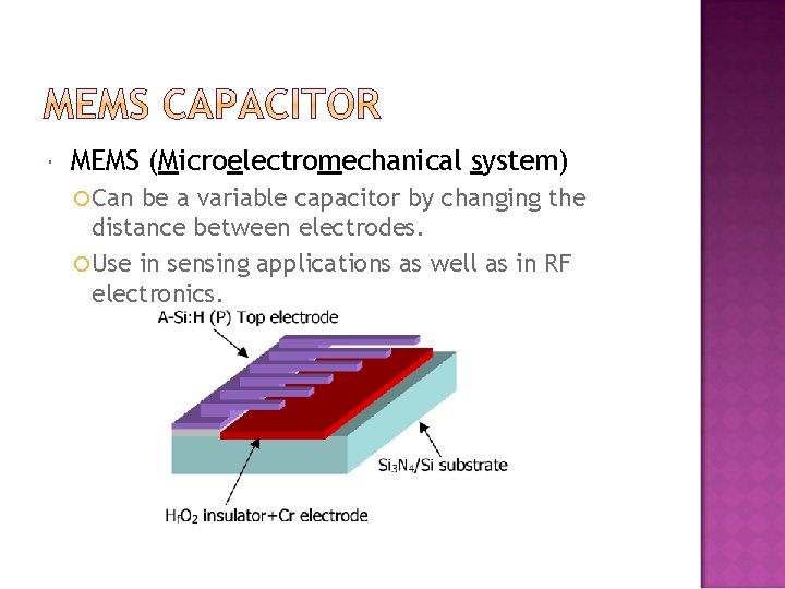  MEMS (Microelectromechanical system) Can be a variable capacitor by changing the distance between