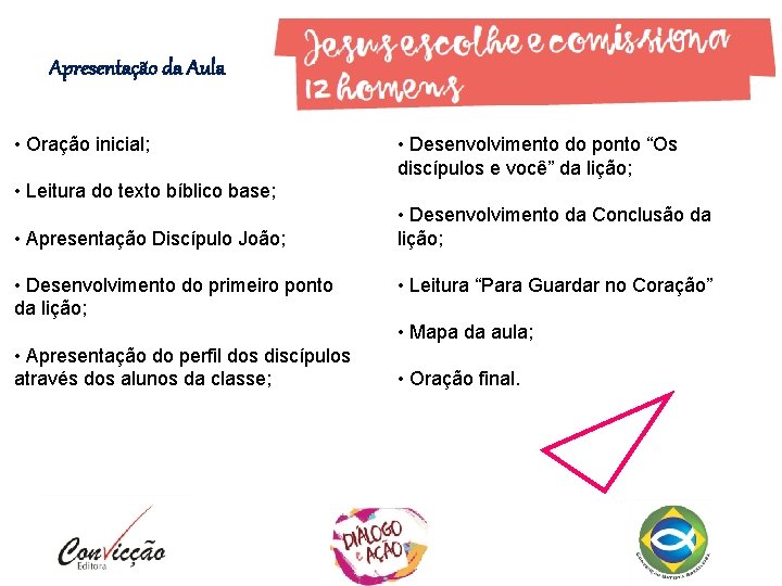 Apresentação da Aula • Oração inicial; • Desenvolvimento do ponto “Os discípulos e você” Apresentação da Aula • Oração inicial; • Desenvolvimento do ponto “Os discípulos e você”
