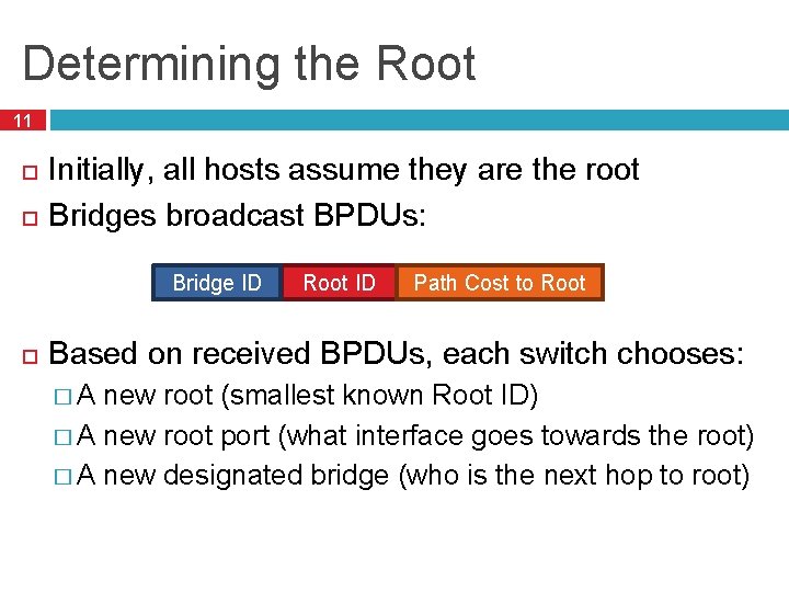 Determining the Root 11 Initially, all hosts assume they are the root Bridges broadcast
