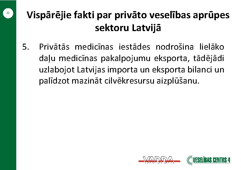 22 Vispārējie fakti par privāto veselības aprūpes sektoru Latvijā 5. Privātās medicīnas iestādes nodrošina