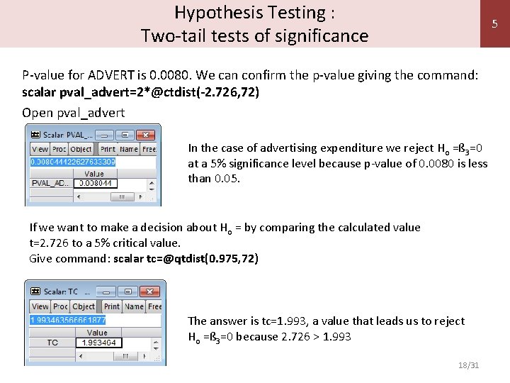 Hypothesis Testing : Two-tail tests of significance 5 P-value for ADVERT is 0. 0080.