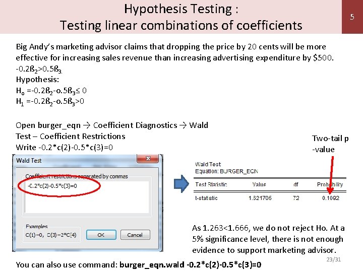 Hypothesis Testing : Testing linear combinations of coefficients 5 Big Andy’s marketing advisor claims