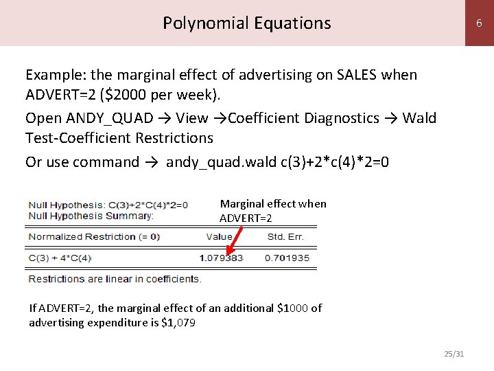 Polynomial Equations 6 Example: the marginal effect of advertising on SALES when ADVERT=2 ($2000