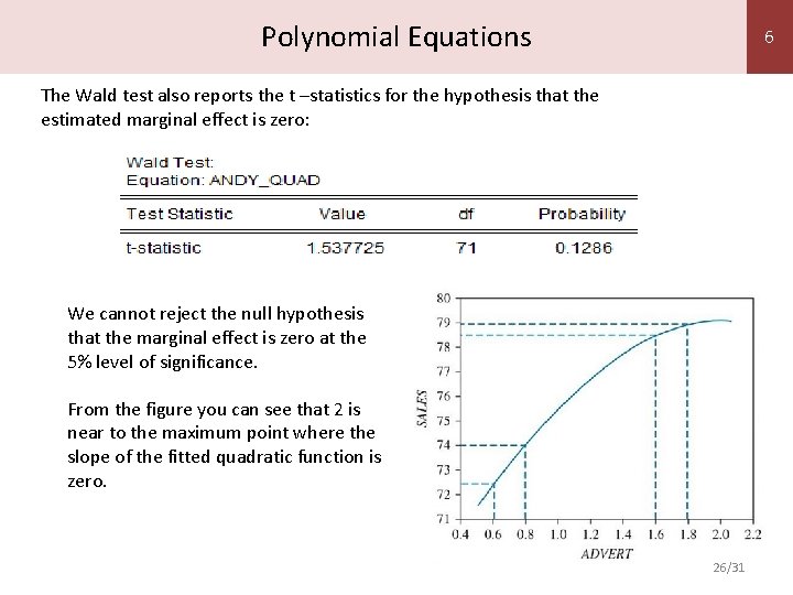 Polynomial Equations 6 The Wald test also reports the t –statistics for the hypothesis