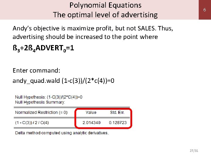 Polynomial Equations The optimal level of advertising 6 Andy’s objective is maximize profit, but