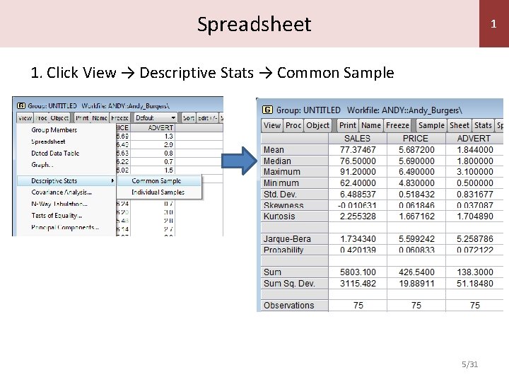 Spreadsheet 1 1. Click View → Descriptive Stats → Common Sample 5/31 