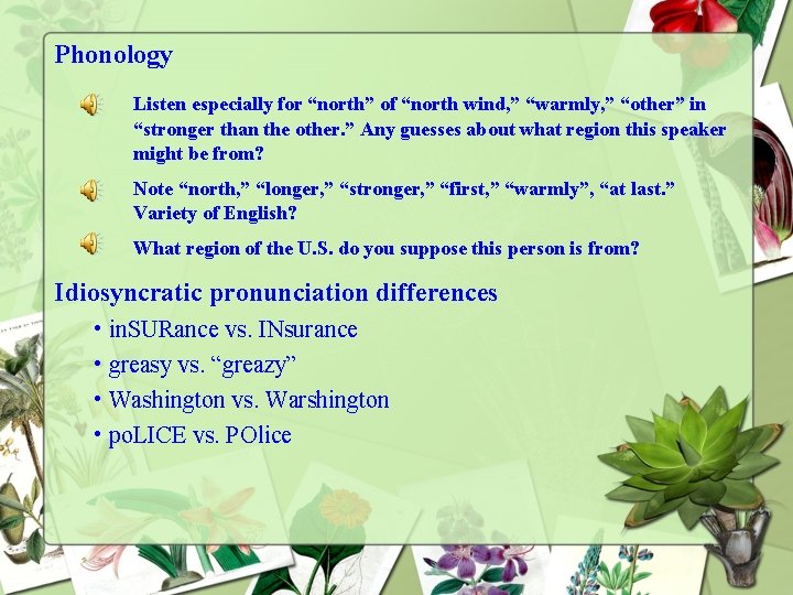 Phonology Listen especially for “north” of “north wind, ” “warmly, ” “other” in “stronger