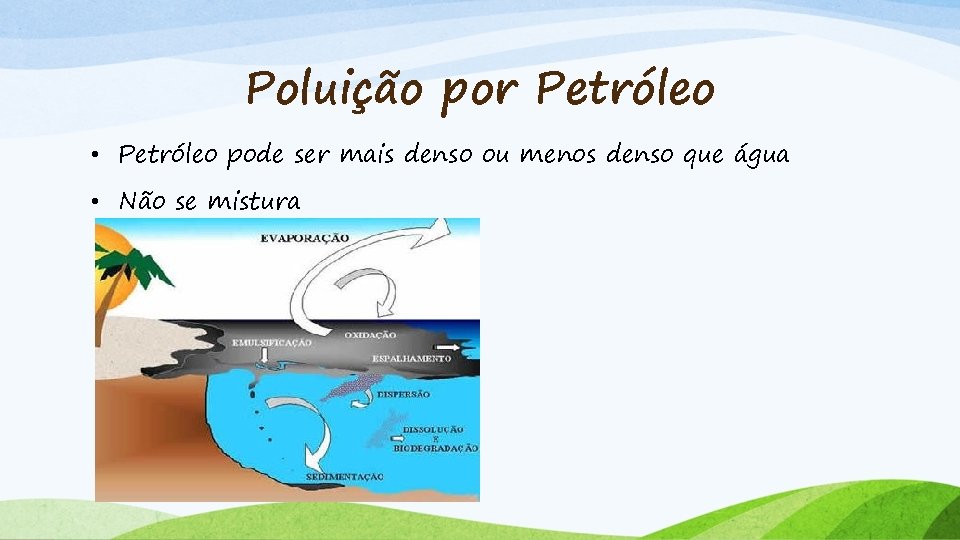 Poluição por Petróleo • Petróleo pode ser mais denso ou menos denso que água