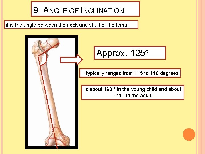 9 - ANGLE OF INCLINATION it is the angle between the neck and shaft