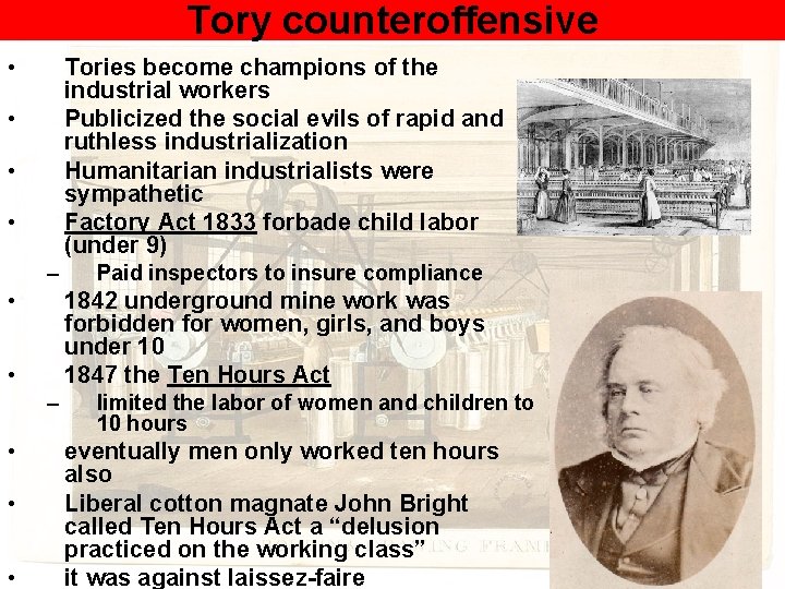 Tory counteroffensive • Tories become champions of the industrial workers Publicized the social evils