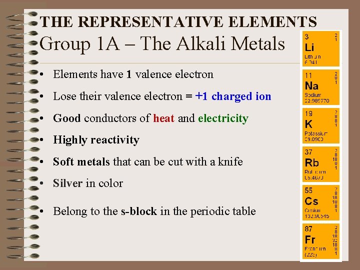 THE REPRESENTATIVE ELEMENTS Group 1 A – The Alkali Metals • Elements have 1