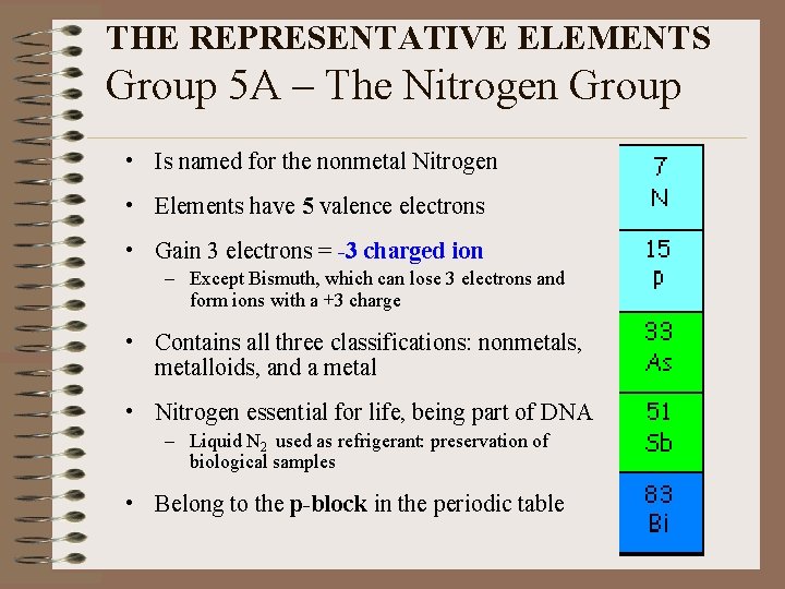 THE REPRESENTATIVE ELEMENTS Group 5 A – The Nitrogen Group • Is named for