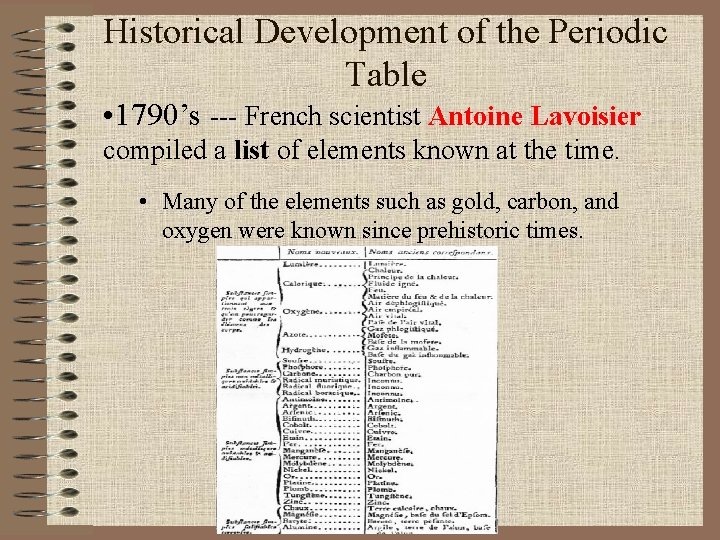 Historical Development of the Periodic Table • 1790’s --- French scientist Antoine Lavoisier compiled