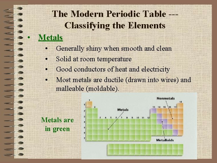 The Modern Periodic Table --Classifying the Elements • Metals • • Generally shiny when