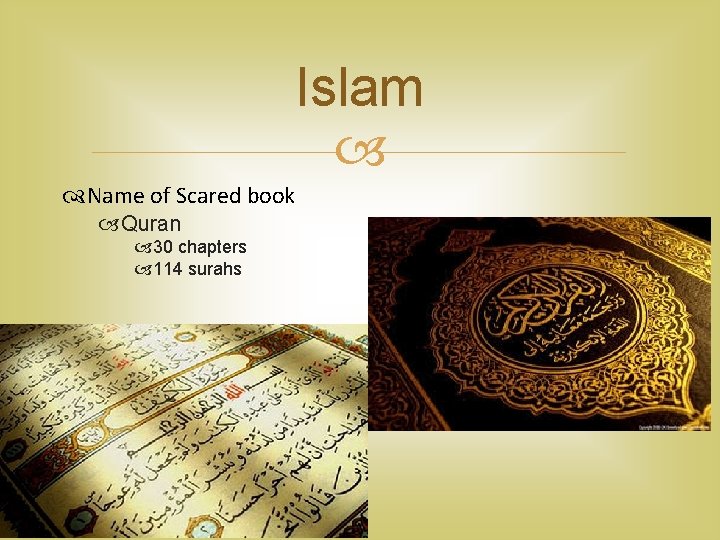 Islam Name of Scared book Quran 30 chapters 114 surahs 