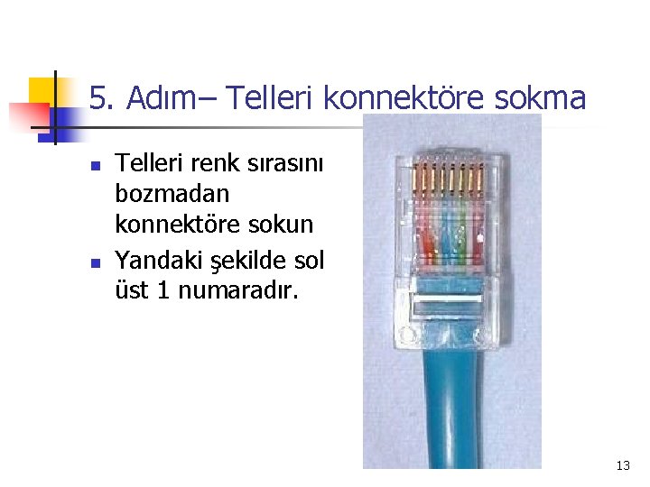 5. Adım– Telleri konnektöre sokma n n Telleri renk sırasını bozmadan konnektöre sokun Yandaki