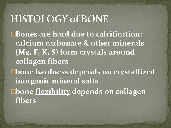HISTOLOGY of BONE �Bones are hard due to calcification: calcium carbonate & other minerals HISTOLOGY of BONE �Bones are hard due to calcification: calcium carbonate & other minerals