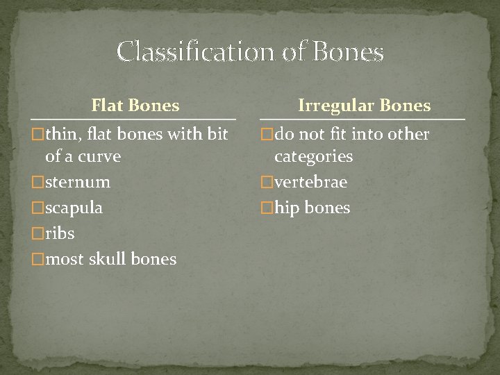 Classification of Bones Flat Bones �thin, flat bones with bit of a curve �sternum Classification of Bones Flat Bones �thin, flat bones with bit of a curve �sternum