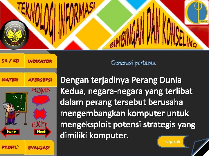 SK / KD INDIKATOR MATERI APERSEPSI Back Next PROFIL` EVALUASI Generasi pertama Dengan terjadinya