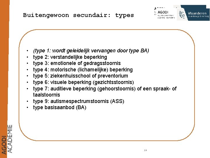 Buitengewoon secundair: types • • (type 1: wordt geleidelijk vervangen door type BA) type