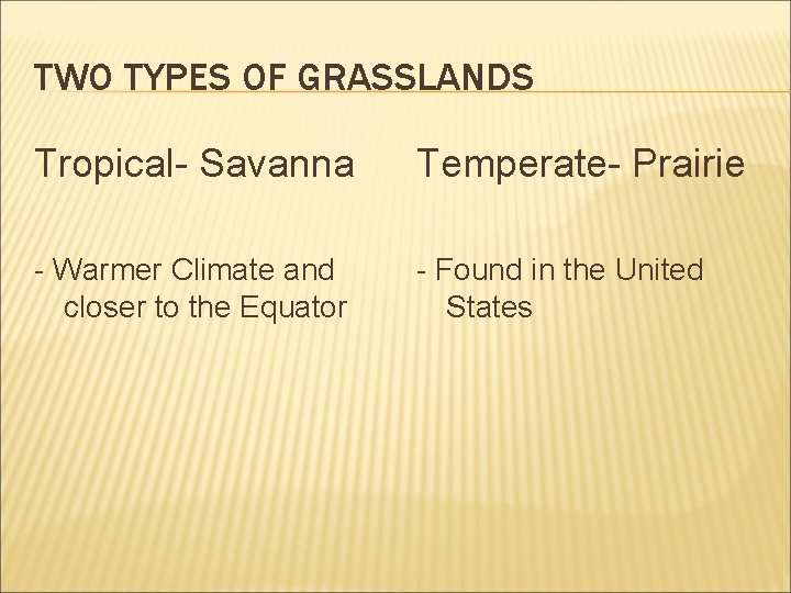 TWO TYPES OF GRASSLANDS Tropical- Savanna Temperate- Prairie - Warmer Climate and closer to