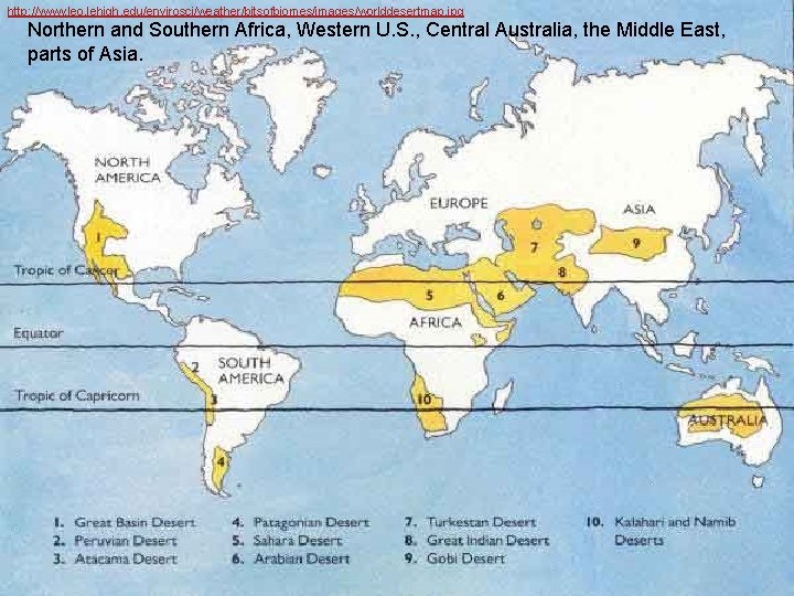 http: //www. leo. lehigh. edu/envirosci/weather/bitsofbiomes/images/worlddesertmap. jpg Northern and Southern Africa, Western U. S. ,