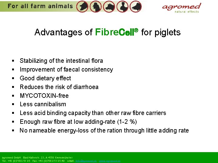 Advantages of Fibre. Cell® for piglets § § § § § Stabilizing of the