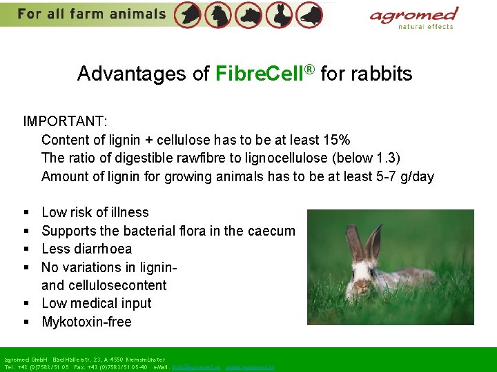 Advantages of Fibre. Cell® for rabbits IMPORTANT: Content of lignin + cellulose has to