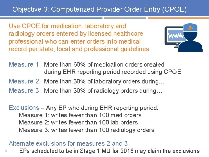 Objective 3: Computerized Provider Order Entry (CPOE) Use CPOE for medication, laboratory and radiology