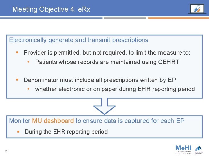 Meeting Objective 4: e. Rx Electronically generate and transmit prescriptions § Provider is permitted,