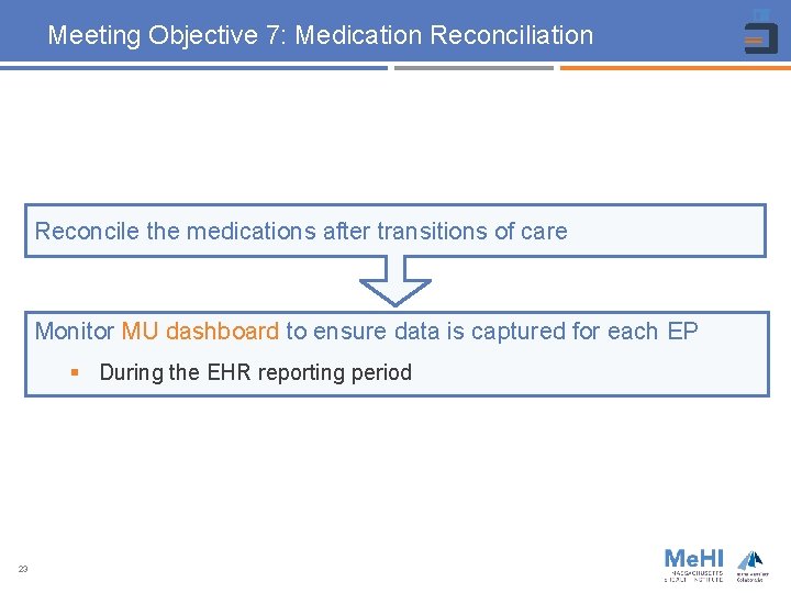 Meeting Objective 7: Medication Reconciliation Reconcile the medications after transitions of care Monitor MU