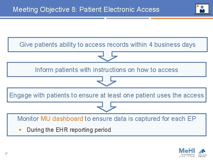 Meeting Objective 8: Patient Electronic Access Give patients ability to access records within 4