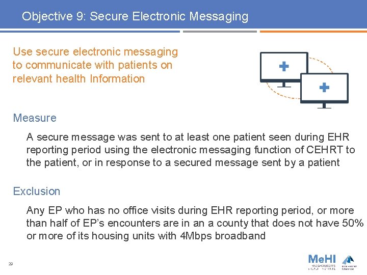 Objective 9: Secure Electronic Messaging Use secure electronic messaging to communicate with patients on
