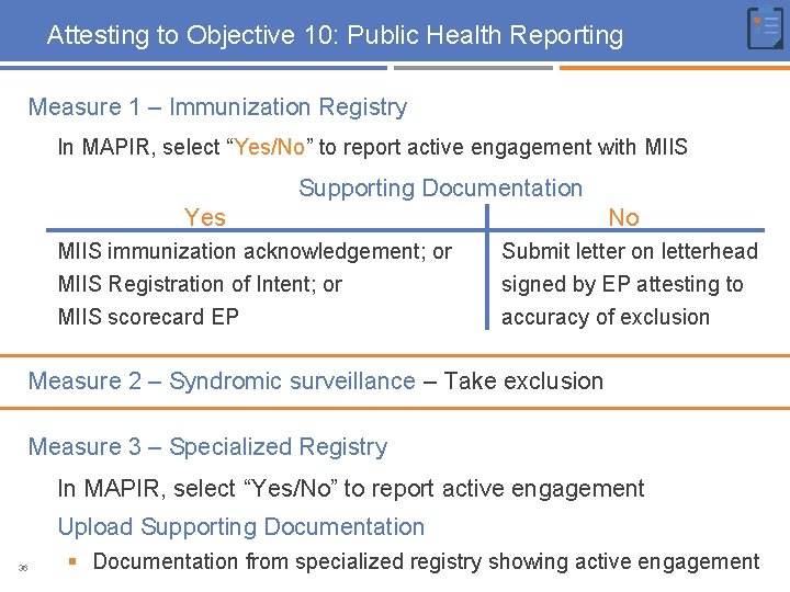 Attesting to Objective 10: Public Health Reporting Measure 1 – Immunization Registry In MAPIR,