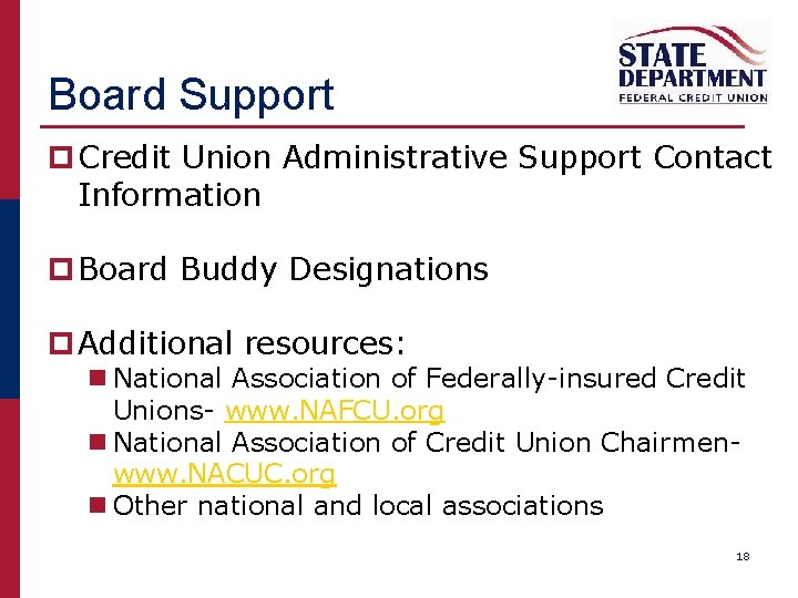 Board Support p Credit Union Administrative Support Contact Information p Board Buddy Designations p