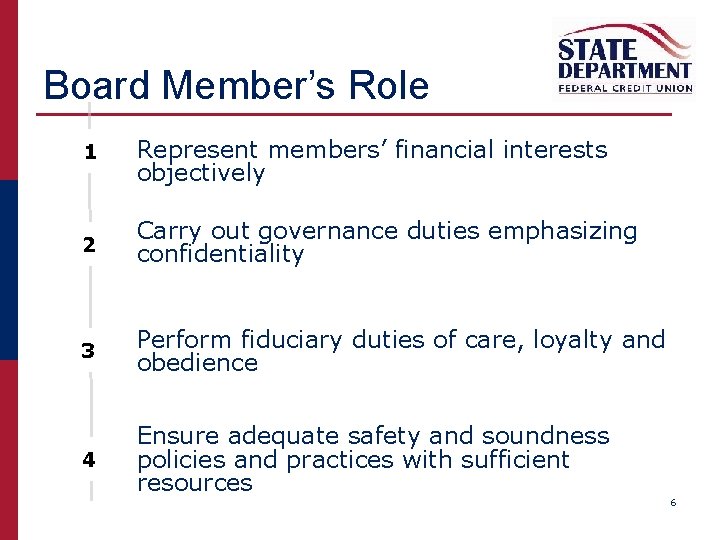 Board Member’s Role 1 Represent members’ financial interests objectively 2 Carry out governance duties