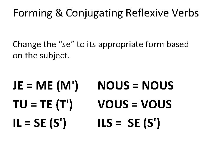 Forming & Conjugating Reflexive Verbs Change the “se” to its appropriate form based on