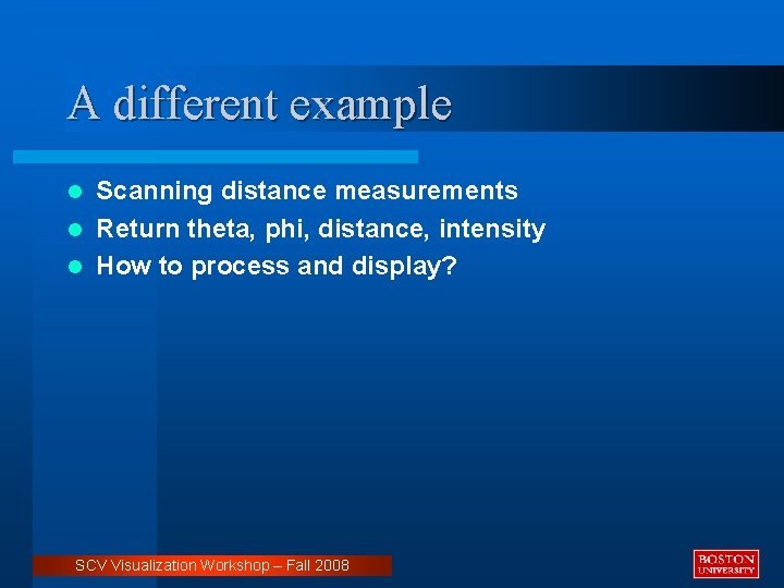 A different example Scanning distance measurements l Return theta, phi, distance, intensity l How