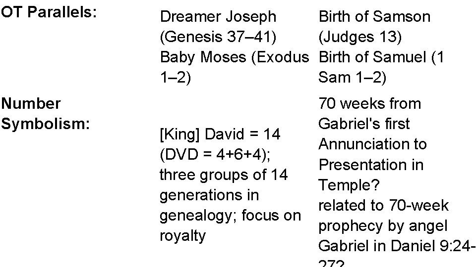 OT Parallels: Number Symbolism: Dreamer Joseph (Genesis 37– 41) Baby Moses (Exodus 1– 2)