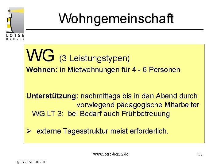 Wohngemeinschaft WG (3 Leistungstypen) Wohnen: in Mietwohnungen für 4 - 6 Personen Unterstützung: nachmittags