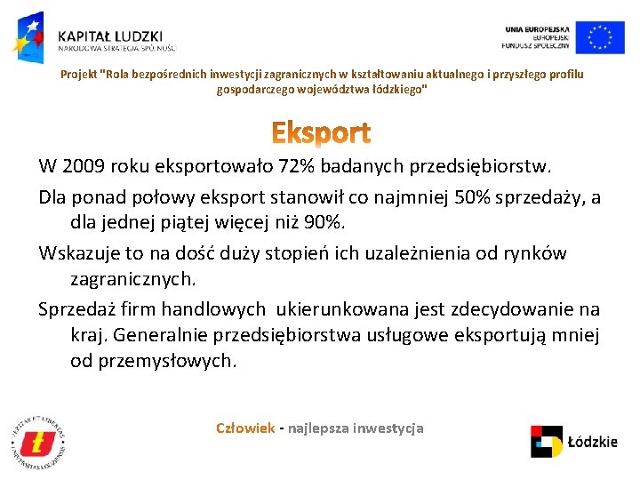 Projekt "Rola bezpośrednich inwestycji zagranicznych w kształtowaniu aktualnego i przyszłego profilu gospodarczego województwa łódzkiego"