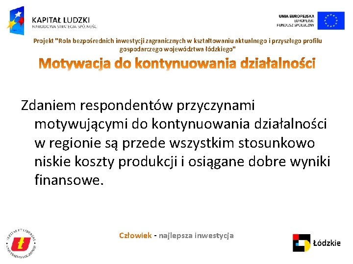Projekt "Rola bezpośrednich inwestycji zagranicznych w kształtowaniu aktualnego i przyszłego profilu gospodarczego województwa łódzkiego"